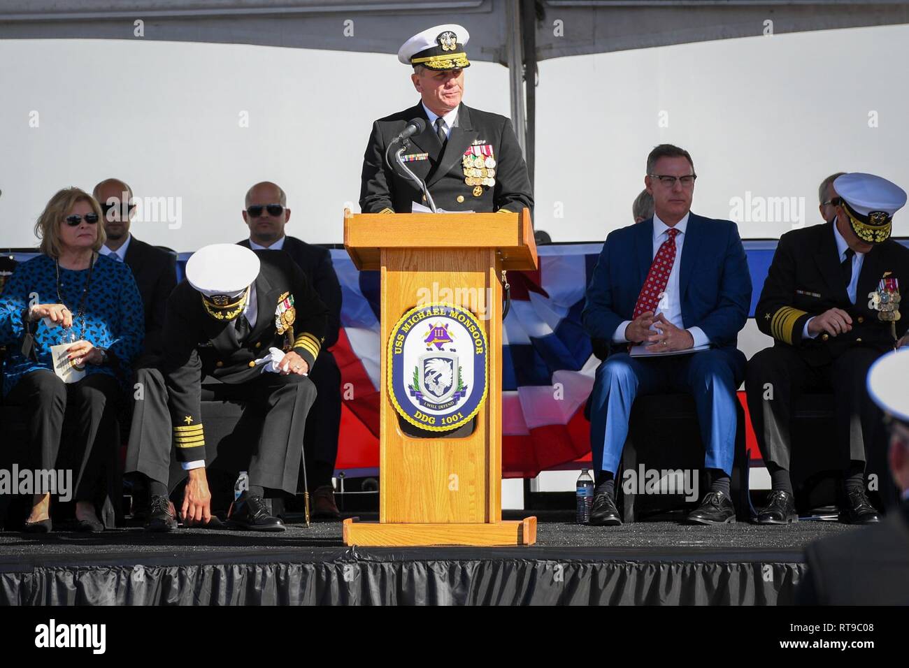 SAN DIEGO (Jan. 26, 2019) Vice Adm. Rich Brown, Commander, Naval Surface Force, U.S. Pacific Fleet, delivers the welcoming remarks during the commissioning ceremony of USS Michael Monsoor (DDG 1001). DDG 1001 is the second Zumwalt-class destroyer ship to enter the fleet. It is the first Navy combat ship named for fallen Master-at-Arms 2nd Class (SEAL) Michael Monsoor, who was posthumously awarded the Medal of Honor for his heroic actions while serving in Ramadi, Iraq, in 2006. Stock Photo