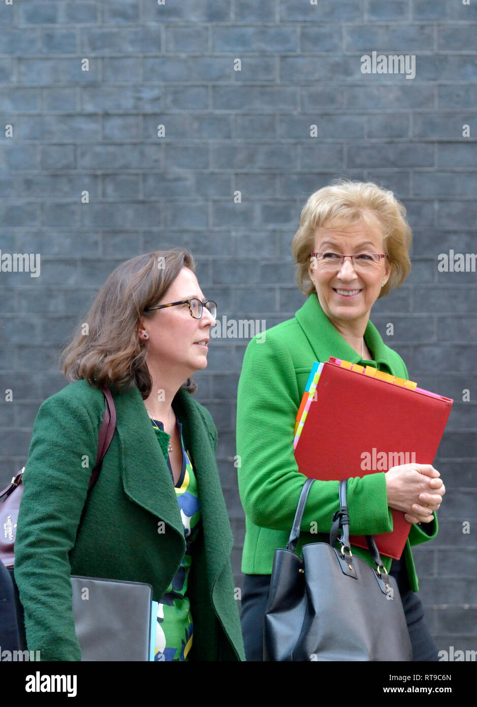 Andrea Leadsom MP (Leader of the House of Commons) leaving Downing Street with Natalie Evans / Baroness Evans of Bowes Park (Leader of the House of Lo Stock Photo