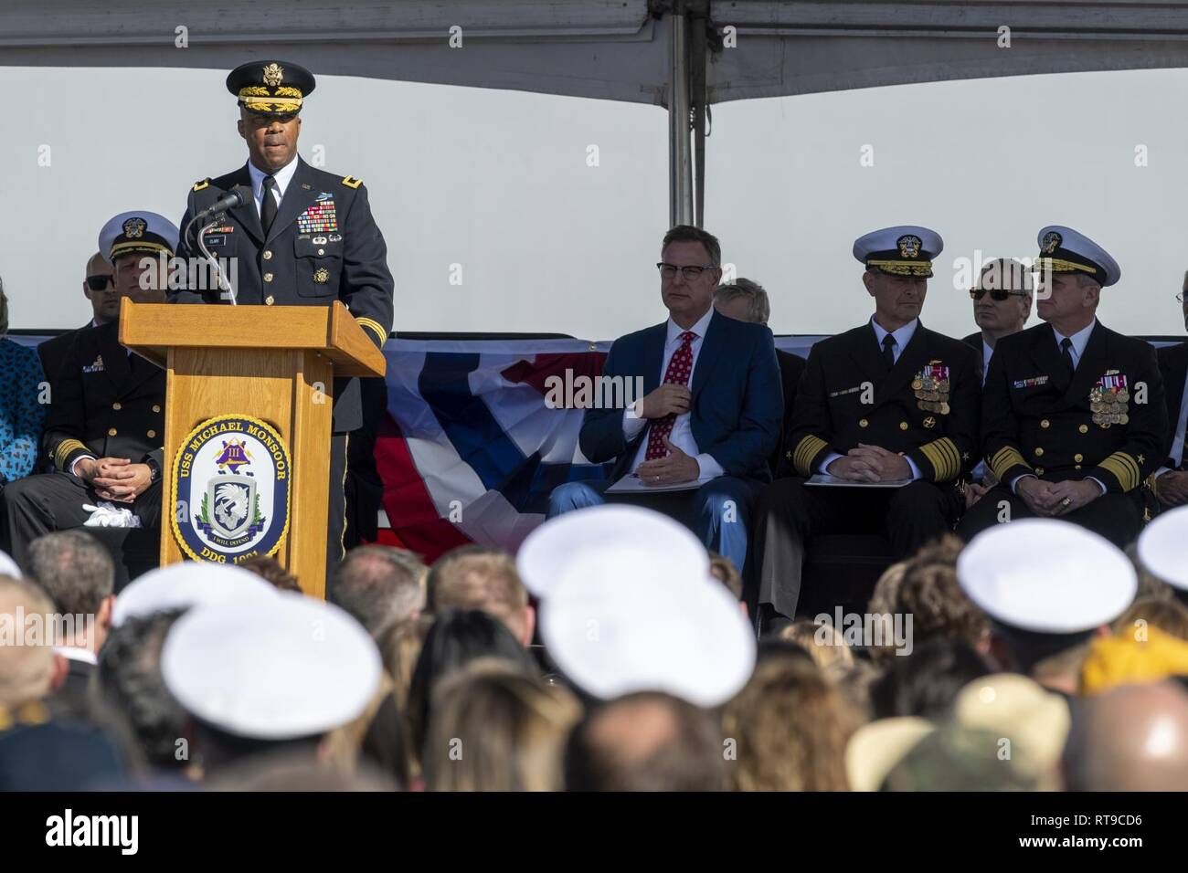 SAN DIEGO (Jan. 26, 2019) U.S. Army Maj. Gen. Ronald P. Clark, Commanding General, 25th Infantry Division, gives his remarks during the commissioning ceremony of USS Michael Monsoor (DDG 1001). DDG 1001 is the second Zumwalt-class destroyer ship to enter the fleet. It is the first Navy combat ship named for fallen Master-at-Arms 2nd Class (SEAL) Michael Monsoor, who was posthumously awarded the Medal of Honor for his heroic actions while serving in Ramadi, Iraq, in 2006. Stock Photo