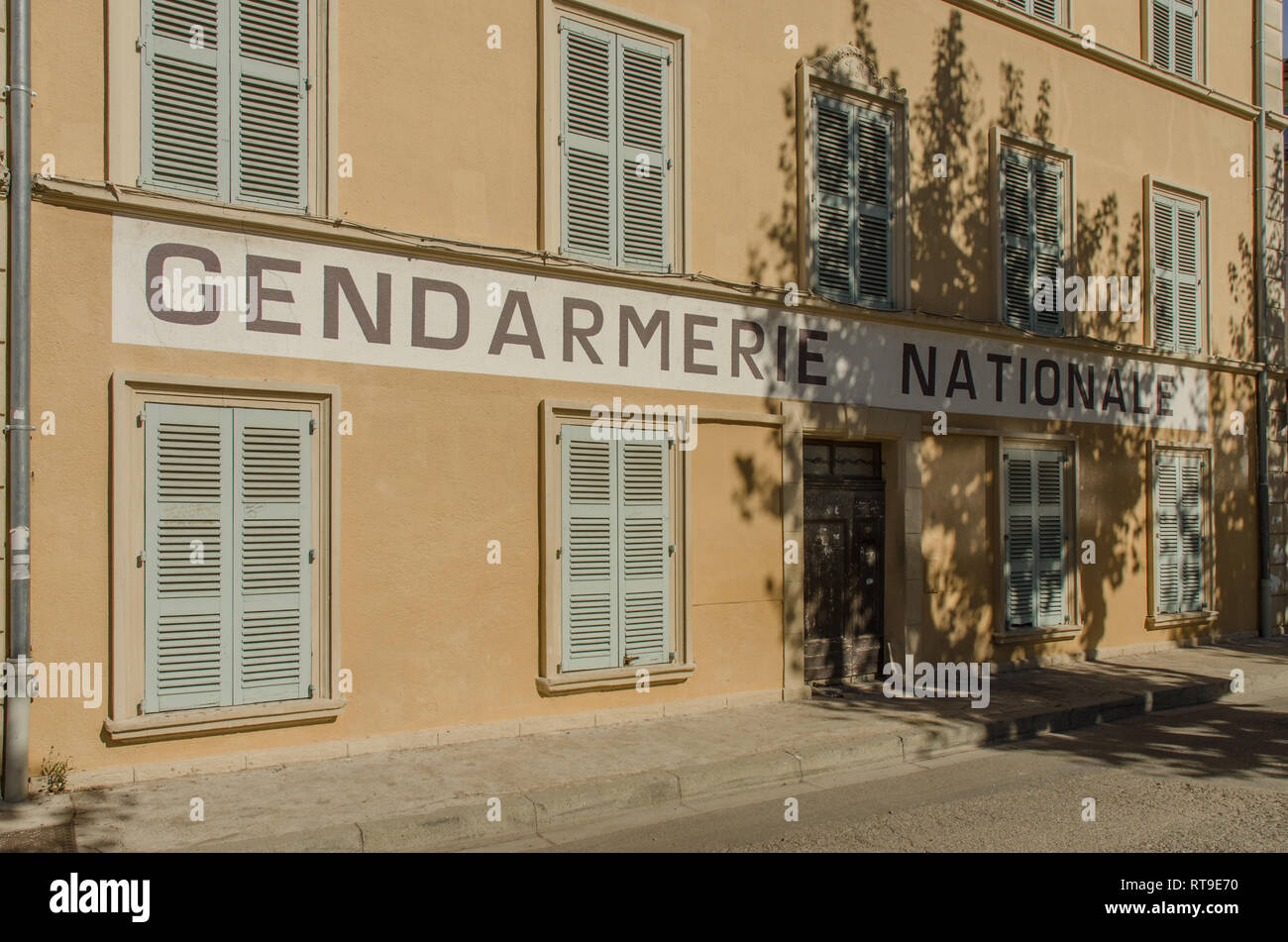 SAINT TROPEZ FRANCE SEP 2018  the Gendarmerie Nationale building where movies with Louis de Funes were shot in Saint Tropez town, Provence, France Stock Photo