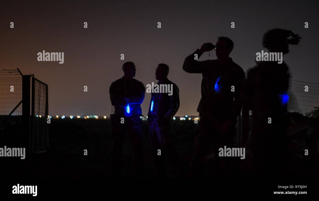 U.S. Soldiers with 1st Battalion, 141st Infantry Regiment (1-141 IN), Texas Army National Guard, deployed in support of Combined Joint Task Force - Horn of Africa (CJTF-HOA), supervise tactics training in Djibouti, Jan. 29, 2019. The mission of the 1-141 IN is to rapidly deploy in response to any crisis threatening U.S. personnel or property throughout CJTF-HOA, and to contribute to international efforts to enhance security and stability in East Africa by providing security force assistance and fostering the capabilities of partner nations. Stock Photo