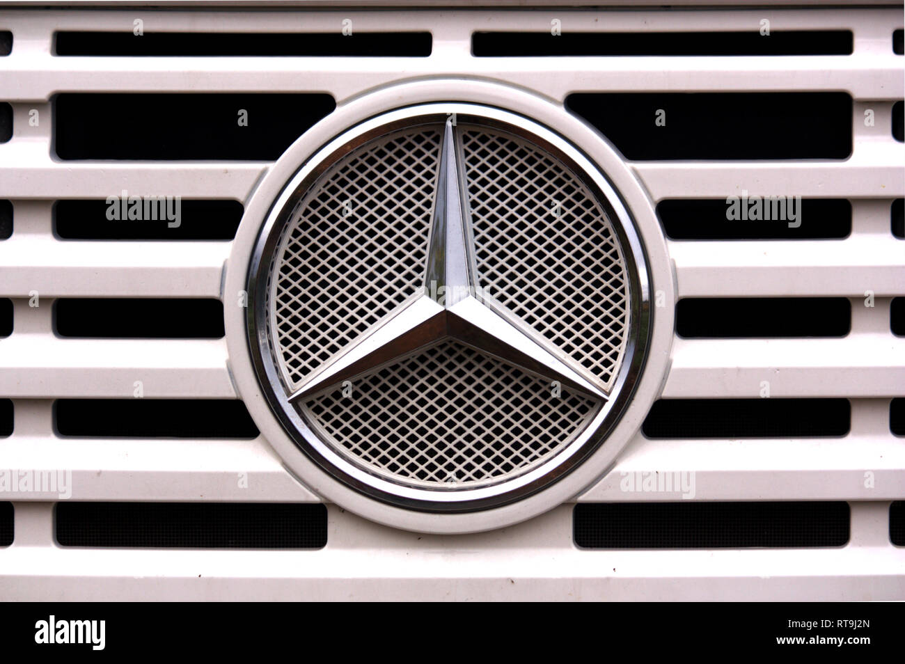 2016. Spain. Close-up of the brand logo of Mercedes cars on a loading truck Stock Photo