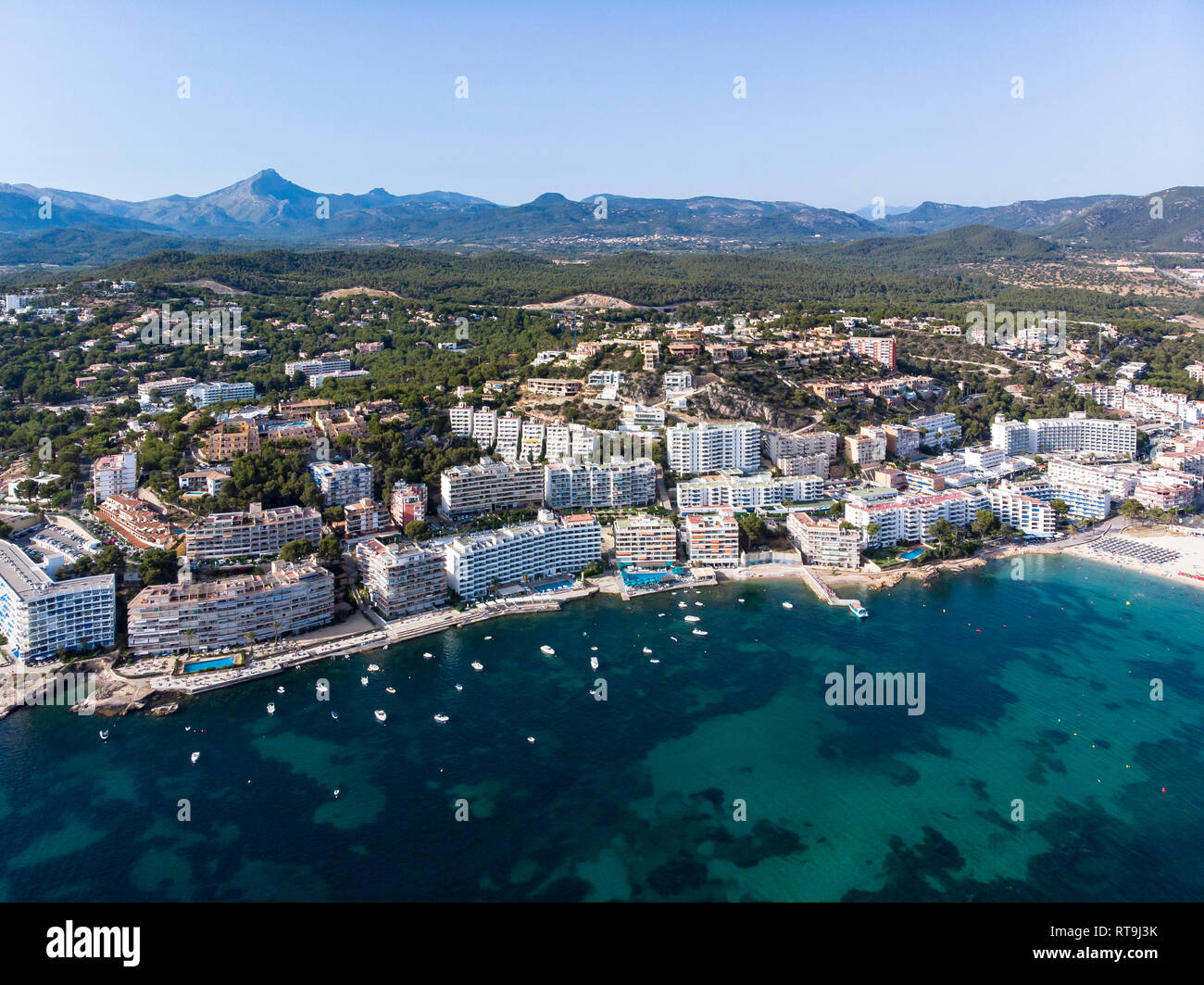 Spain, Baleares, Mallorca, Calvia region, Aerial view of Santa ponca, marina, Serra de Tramuntana in the background Stock Photo