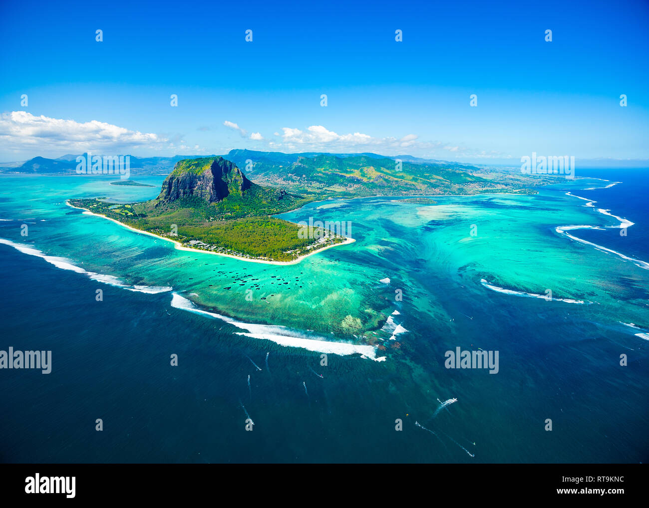 Aerial view of Mauritius island panorama and famous Le Morne Brabant