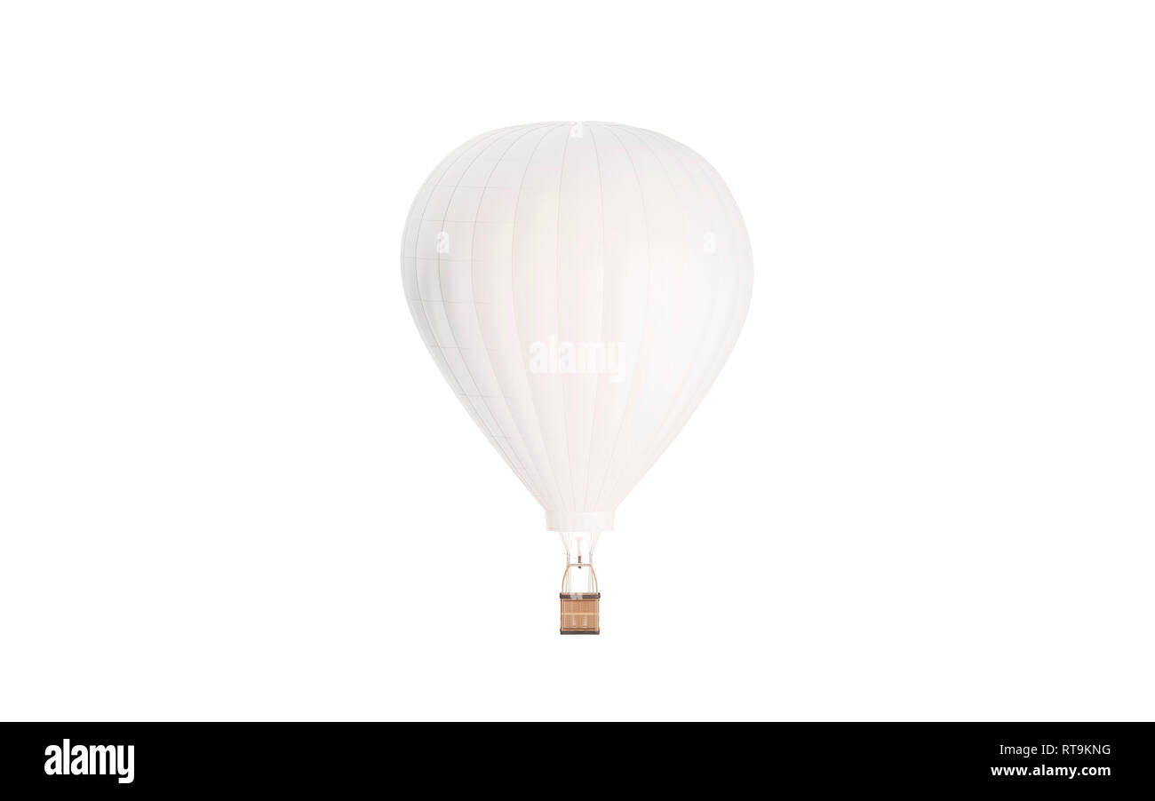 Blank white balloon with hot air mockup, isolated, 3d rendering. Empty sky transport mock up, front view. Clear dirigible with basket and hotair for journey template. Stock Photo