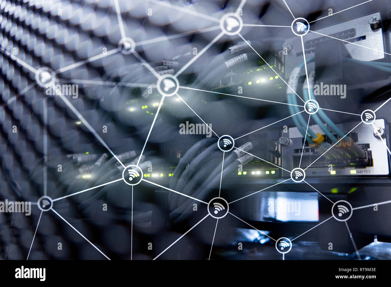 Wi fi network abstract structure on modern server room background Stock ...