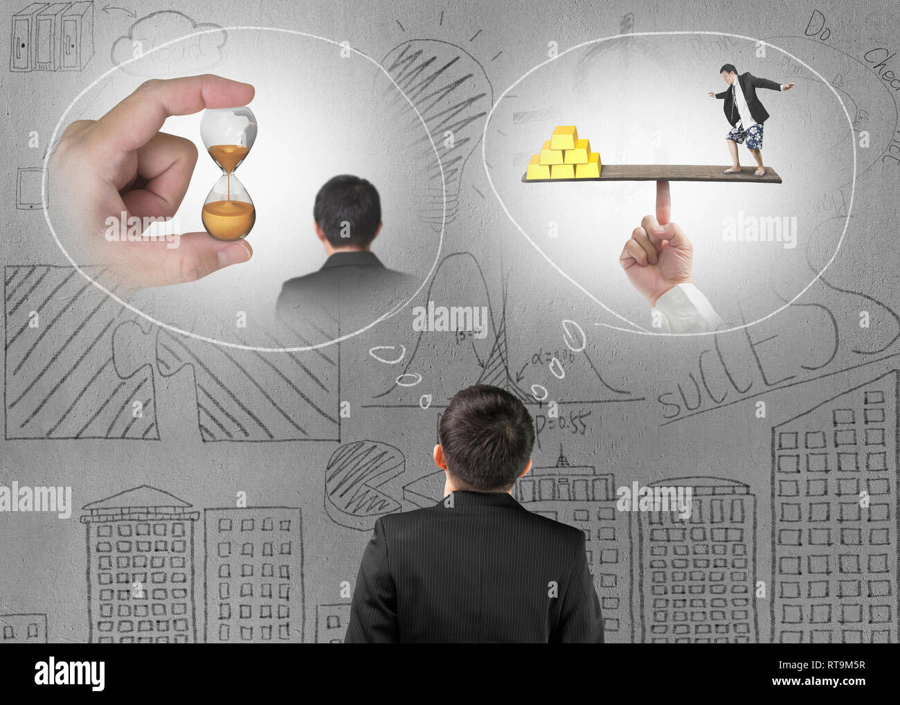 Businessman imagining work situation with doodles concrete wall background Stock Photo