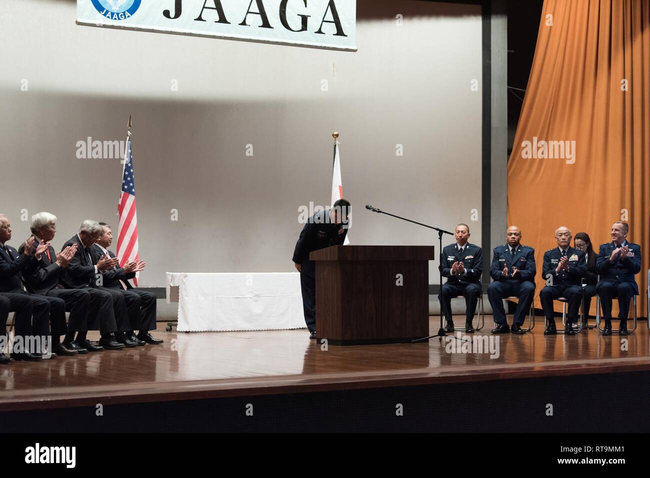 Japan Air Self-Defense Force Maj. Gen. Hidetada Inatsuki, Naha Air Base commander, recognizes the accomplishments of the Japan-America Air Force Goodwill Association awardees and the importance of partnership during the 2018 JAAGA Awards Ceremony January 31, 2019, at Naha Air Base, Japan. The Japan-U.S. alliance is the foundation not only for peace and security of Japan but also for those of the Asia-Pacific region. Japan-U.S. cooperation based on the alliance plays a significant role in working on the world’s security issues. Stock Photo