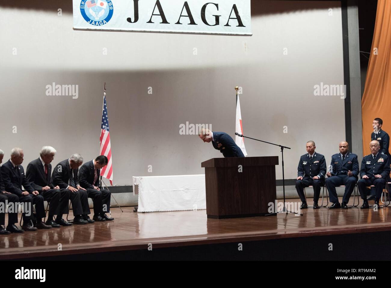 U.S. Air Force Brig. Gen. Case Cunningham, 18th Wing commander, recognizes the accomplishments of the Japan-America Air Force Goodwill Association awardees and the importance of partnership during the 2018 JAAGA Awards Ceremony January 31, 2019, at Naha Air Base, Japan. Leadership from Naha Air Base and the 18th Wing came together to recognize the accomplishments of their Japan-America Air Force Goodwill Association awardees and the importance of partnership during the 2018 JAAGA Awards Ceremony. Stock Photo
