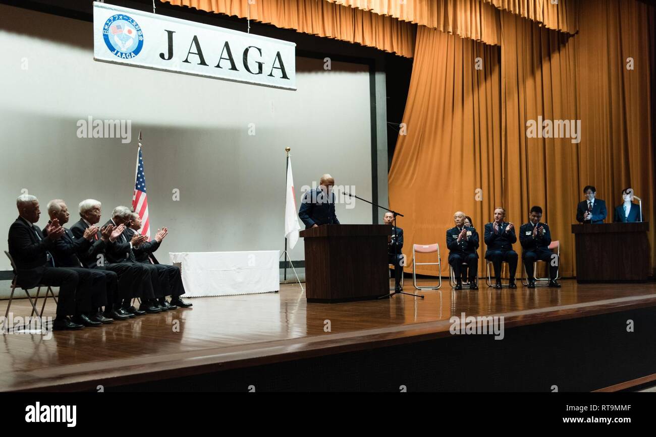 U.S. Air Force 1st Lt. Antoinio Arnold, 18th Operation Support Squadron chief of intel readiness, delivers a speech in Japanese during the 2018 JAAGA Awards Ceremony January 31, 2019, at Naha Air Base, Japan. Arnold was recognized for his outstanding skills in a Japan-U.S. defense conference, the Bilateral Leadership Officer Group and the Koku-Jieitai English Competition. Stock Photo