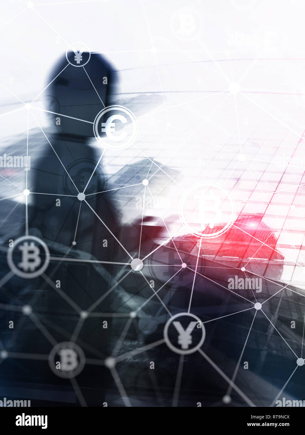 Double exposure Bitcoin and blockchain concept. Digital economy and currency  trading. Abstract Cover Design Vertical Format Stock Photo - Alamy