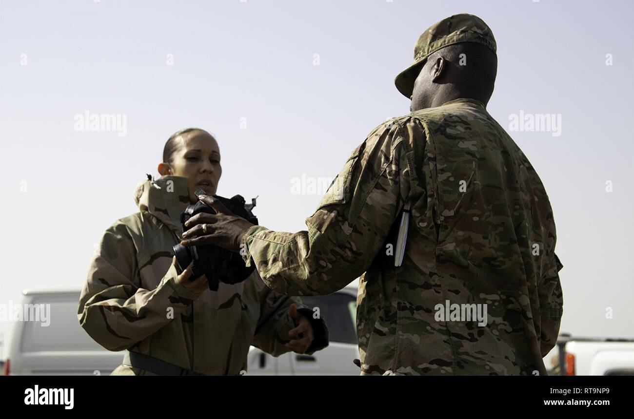 1st Sgt. Jacqueline Rodriguez of the Headquarters and Headquarters Company, 300th Sustainment Brigade demonstrates an M50 protective mask to Command Sgt. Maj. Bernard P. Smalls, Sr. of the 1st Theater Sustainment Command on Camp Arifjan, Kuwait, Jan. 31, 2019. Stock Photo