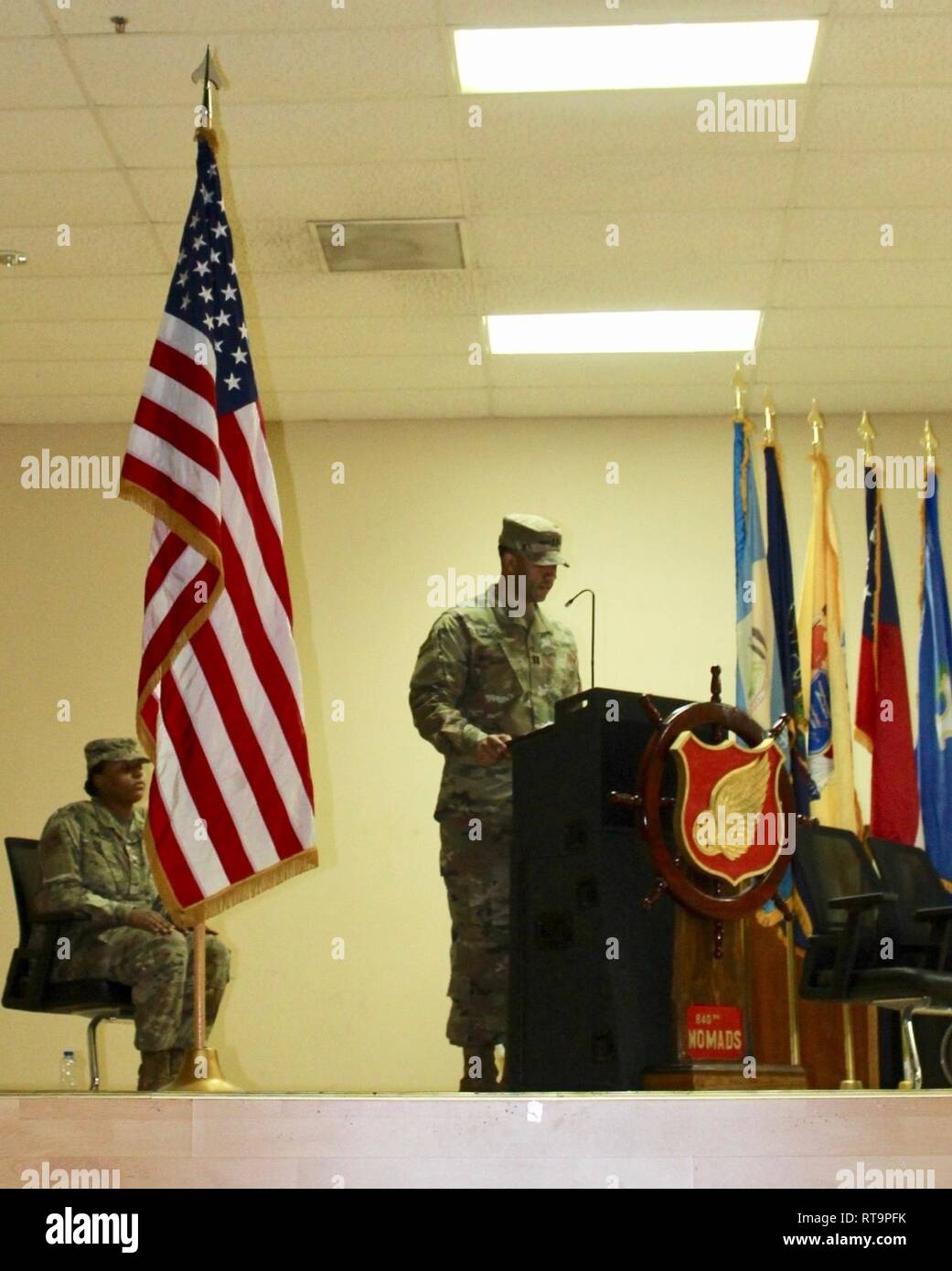 Capt Michael D. McDonald makes his initial remarks as company commander of Headquarters and Headquarters Detachment, 840th Transportation Battalion, during a change of command ceremony at Camp Arifjan, Kuwait, Jan. 31, 2019. Stock Photo