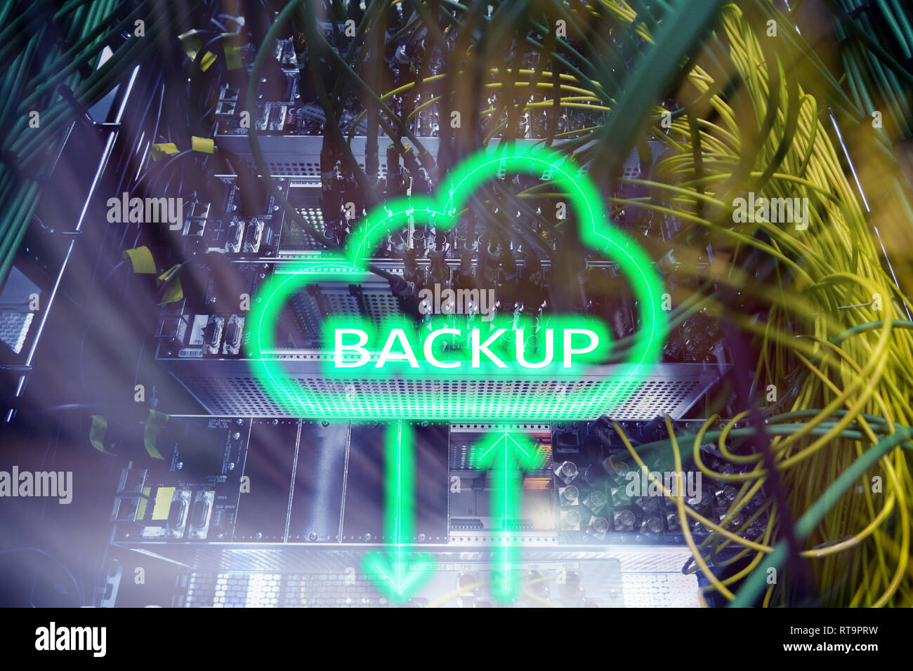 Backup button on modern server room background. Data loss prevention ...