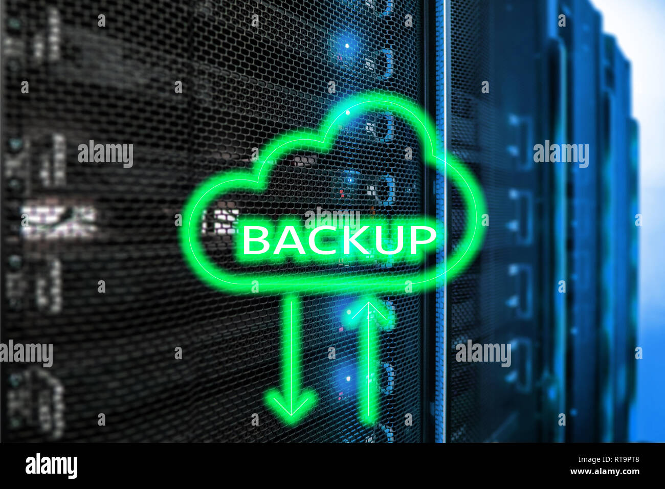 Backup button on modern server room background. Data loss prevention ...