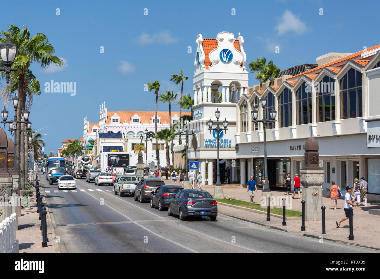 Waterfront shopping street, Lloyd G. Smith Blvd, Oranjestad, Aruba, ABC Islands, Leeward Antilles, Caribbean Stock Photo