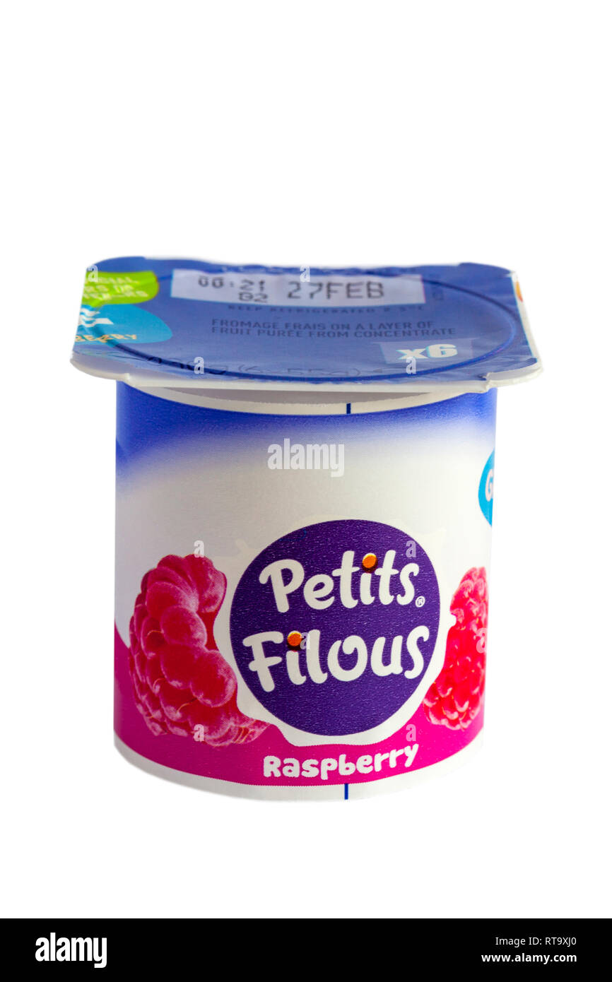 Pot of Yoplait Petits Filous raspberry flavoured yogurt isolated on white background - Greek style fruit layers - yoghurt Stock Photo
