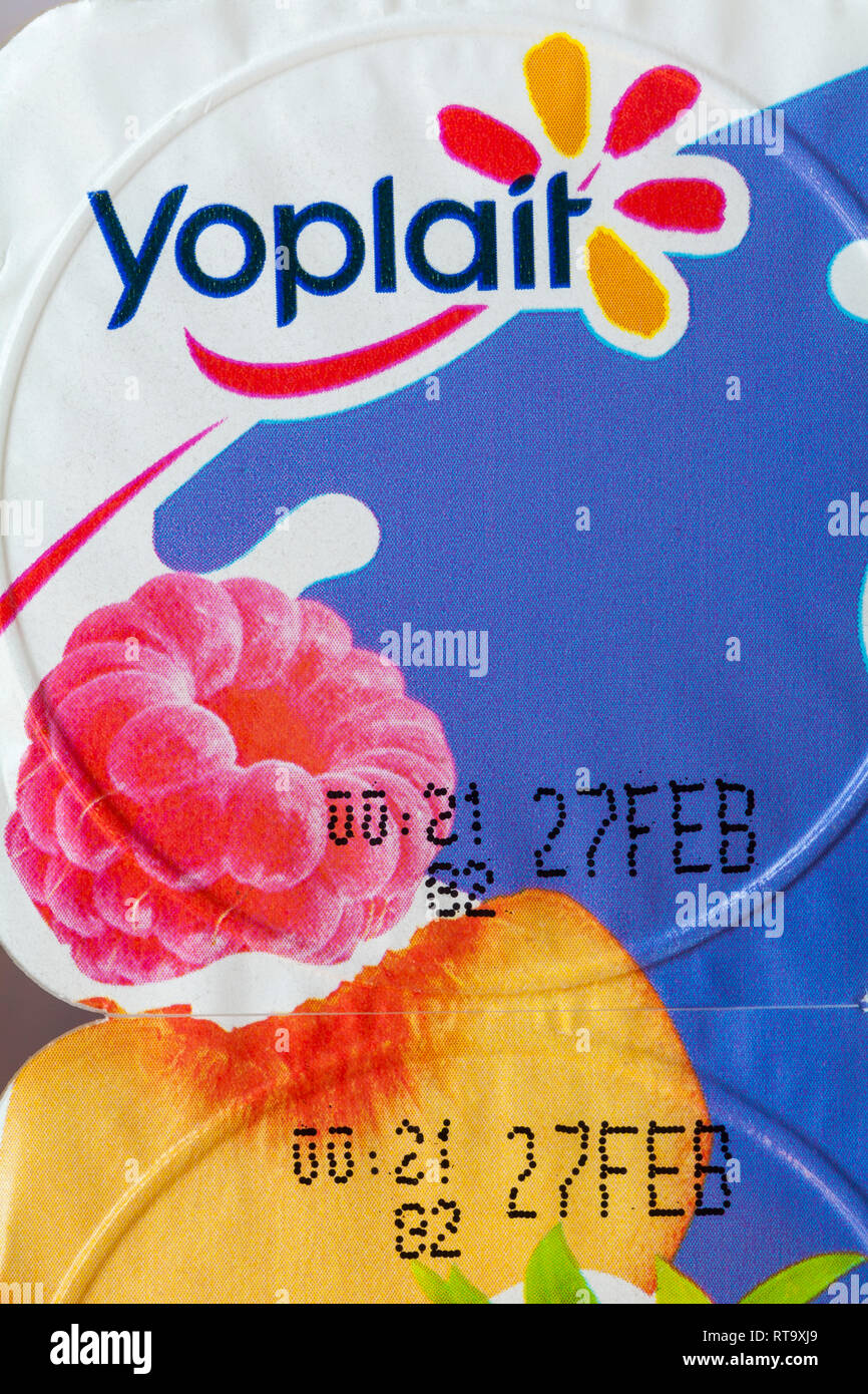 Yoplait Petits Filous yogurts multipack - Greek style fruit layers  - detail on top Stock Photo