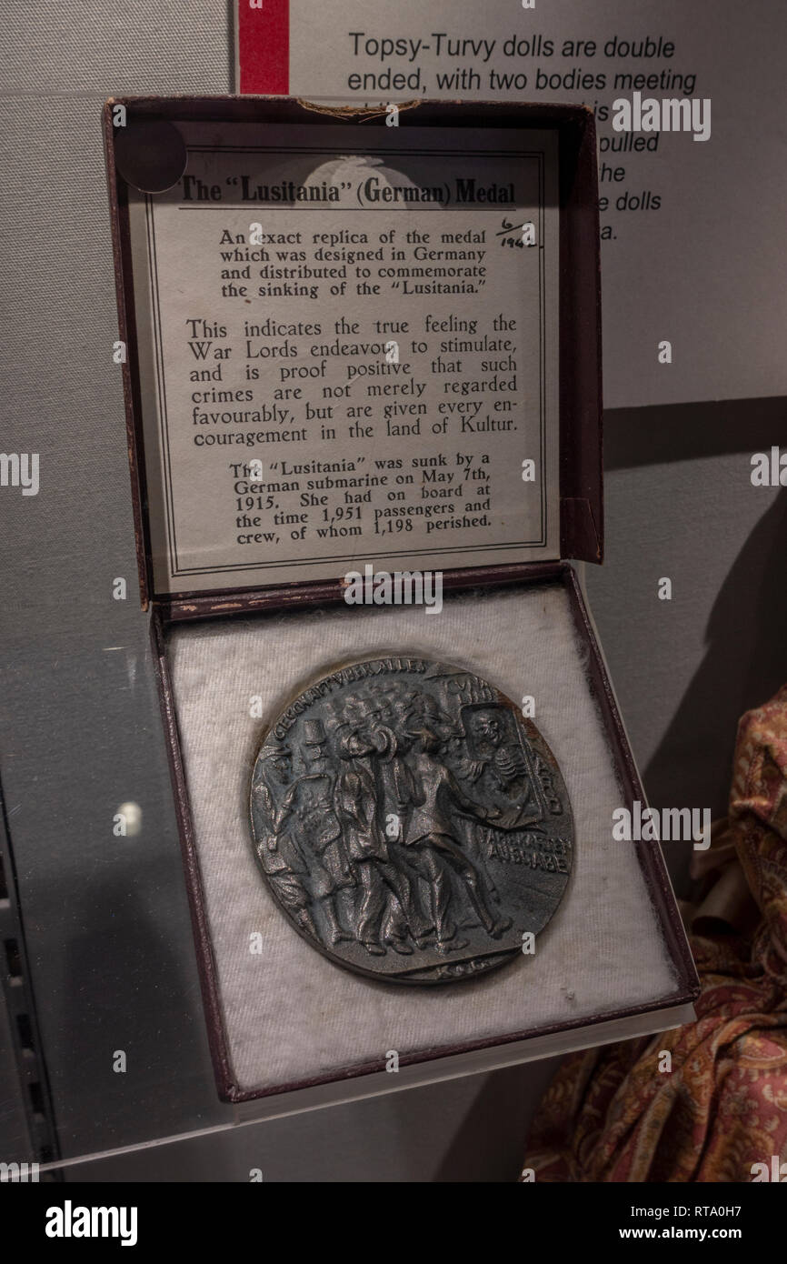 Replica (for propaganda) of the Lusitania Medal, released by Germany as criticism of the British Government, York Castle Museum, York, Yorkshire, UK. Stock Photo
