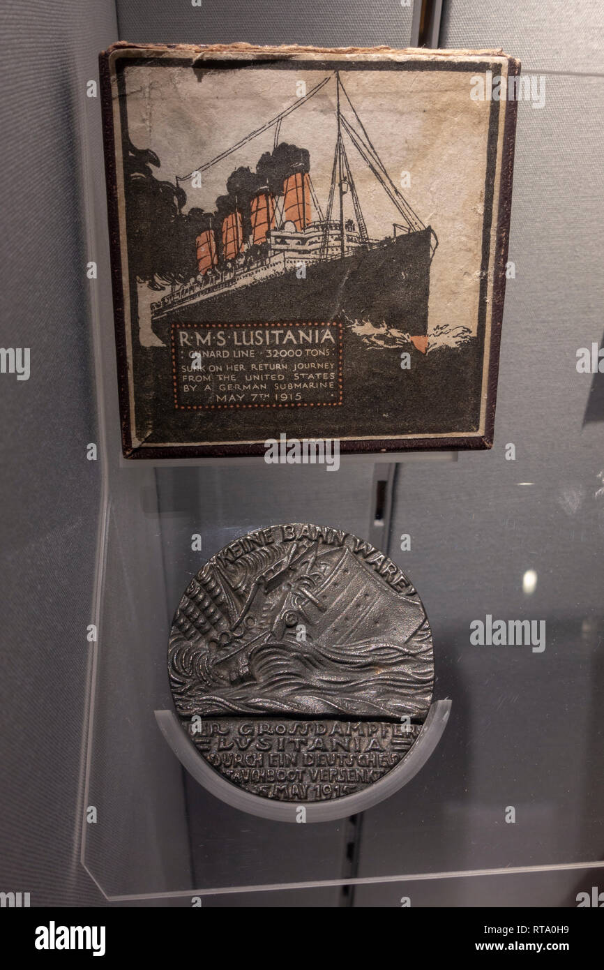 Replica (for propaganda) of the Lusitania Medal, released by Germany as criticism of the British Government, York Castle Museum, York, Yorkshire, UK. Stock Photo