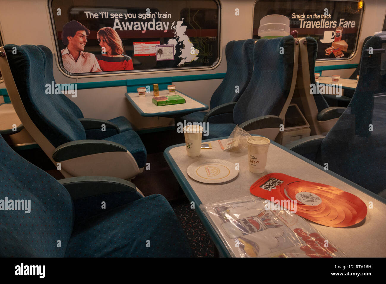 Tables inside a 1970's InterCity Pullman Business class carriage on display in the National Railway Museum, York, UK. Stock Photo