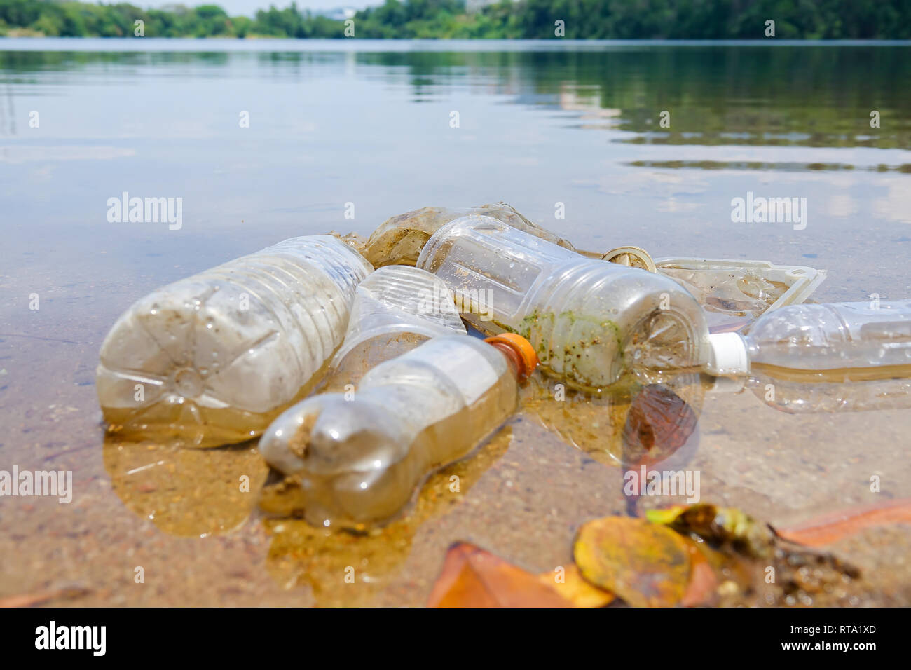 Bad enviromental habit of improper disposal of non-biodegradable PVC cups and bottles in a lake. Selective focus Stock Photo