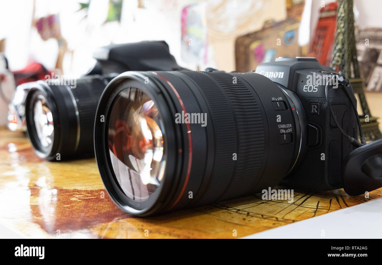 Bangkok, Thailand - February 28, 2019: Image of Canon EOS RP Mirrorless Digital Camera with Kit Lens Canon EF 24-105mm f4L IS USM lens. The new Canon  Stock Photo
