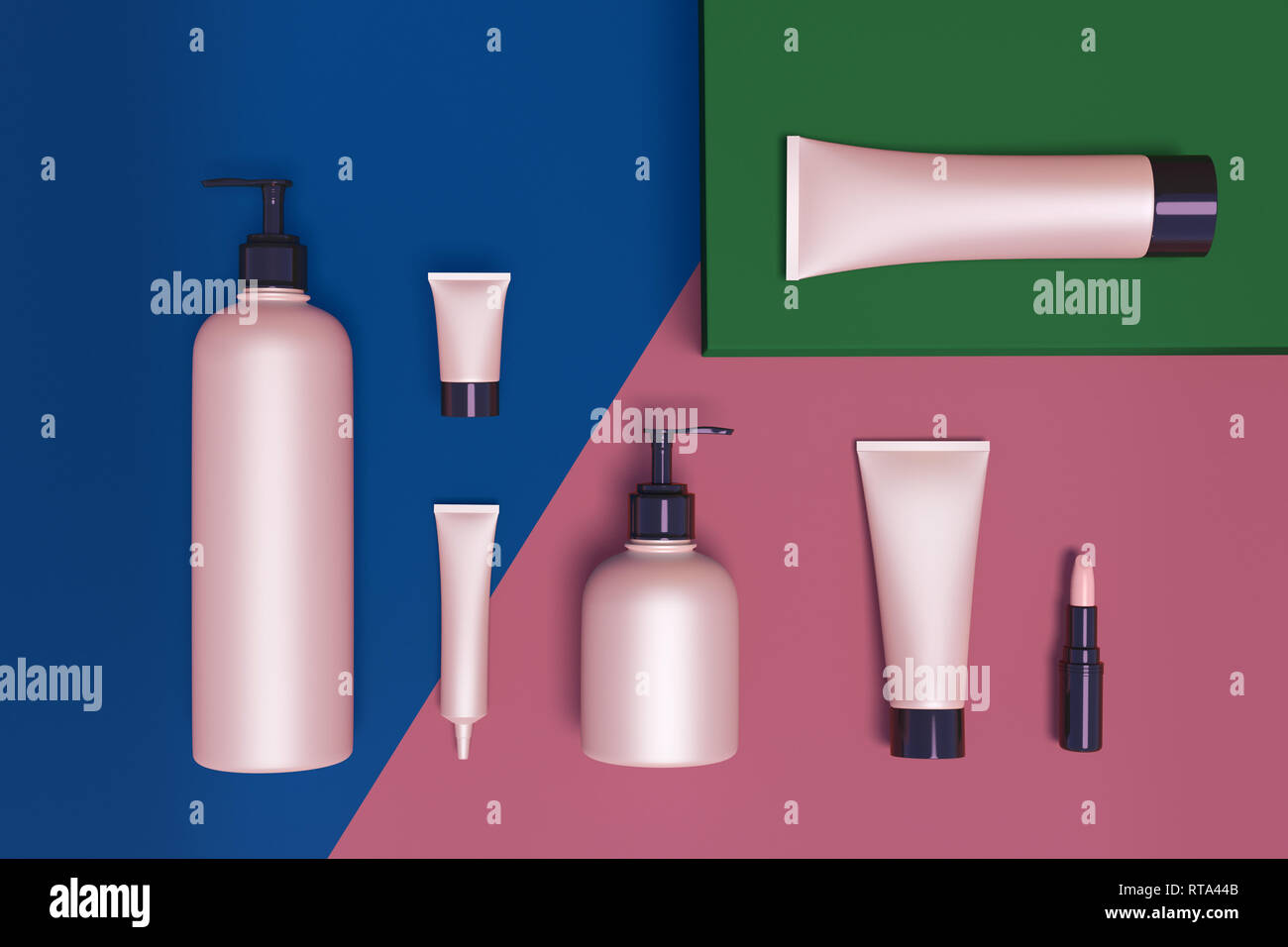 Download Trendy Realistic Mock Up Of Cosmetics Bottles Tubes And Pink Lipstick Modern Flat Lay Still Life Bundle On Colorful Frosted Background 3d Illustrat Stock Photo Alamy