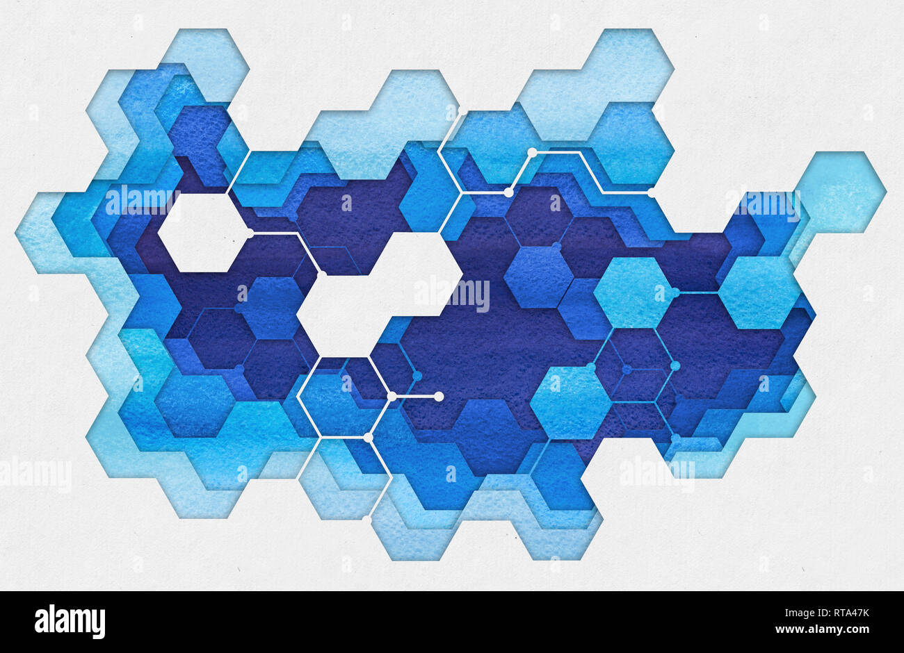 Abstract hand drawn illustration. Cutout hexagonal medicine applique from watercolor blue painted paper. Creative background. Stock Photo