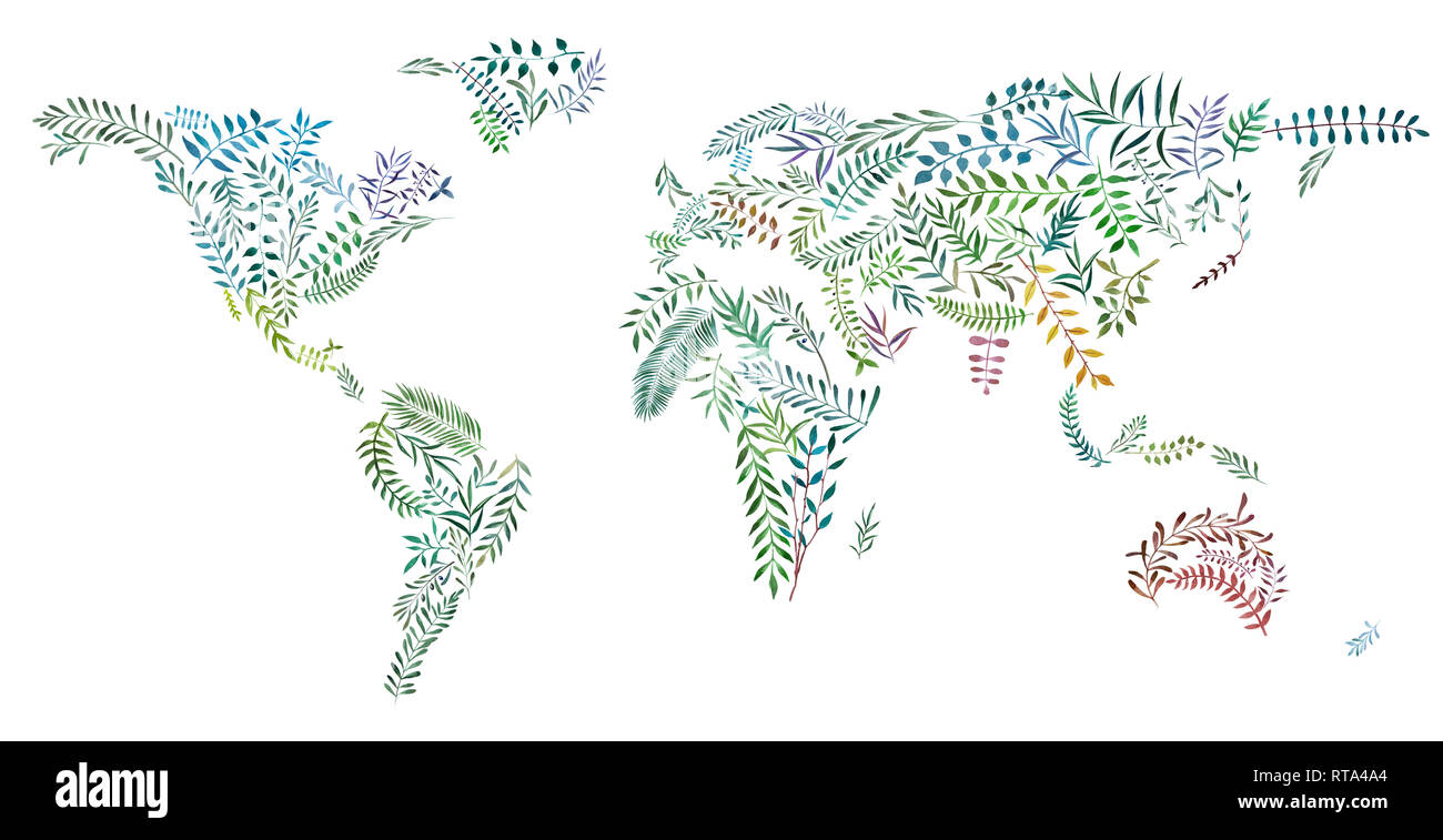 2d hand drawn illustration of world map. Earth continents from watercolor leaves and branches. Colorful continents isolated on white background. Ecolo Stock Photo