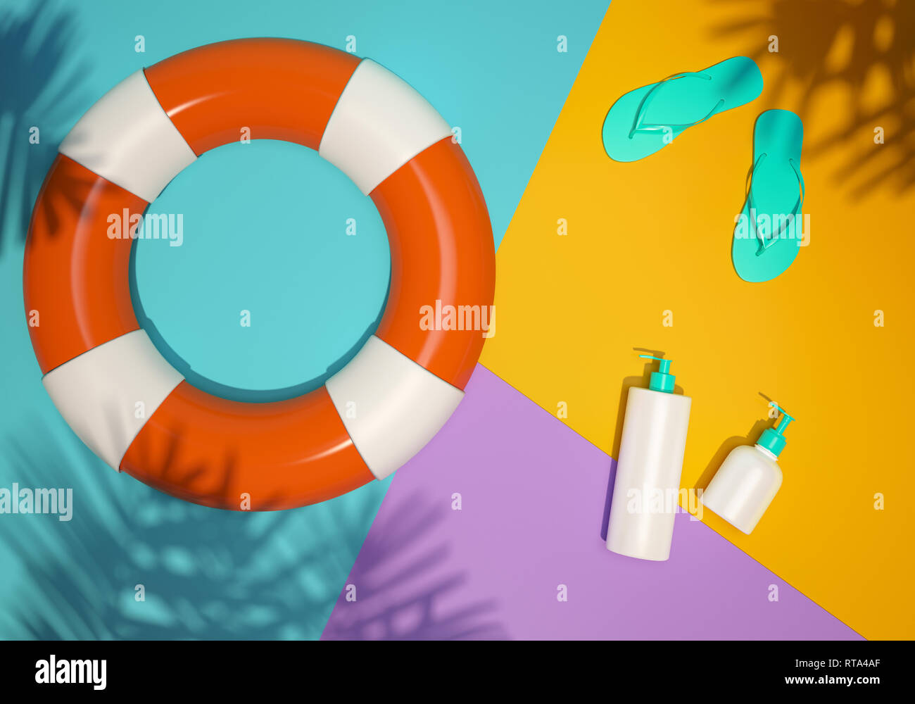 Trendy realistic mock up of cosmetics bottles for sun protection. Modern summer bright flat lay template on colorful background. 3d illustration with  Stock Photo