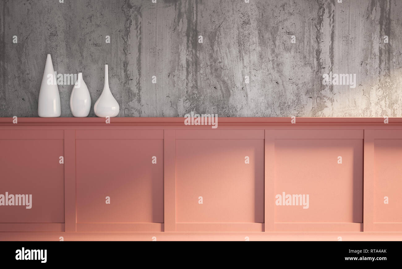 3d rendering illustration of colorful modern interior on sunny morning. Gray rough concrete wall, classic coral rose panel with molding and set of whi Stock Photo