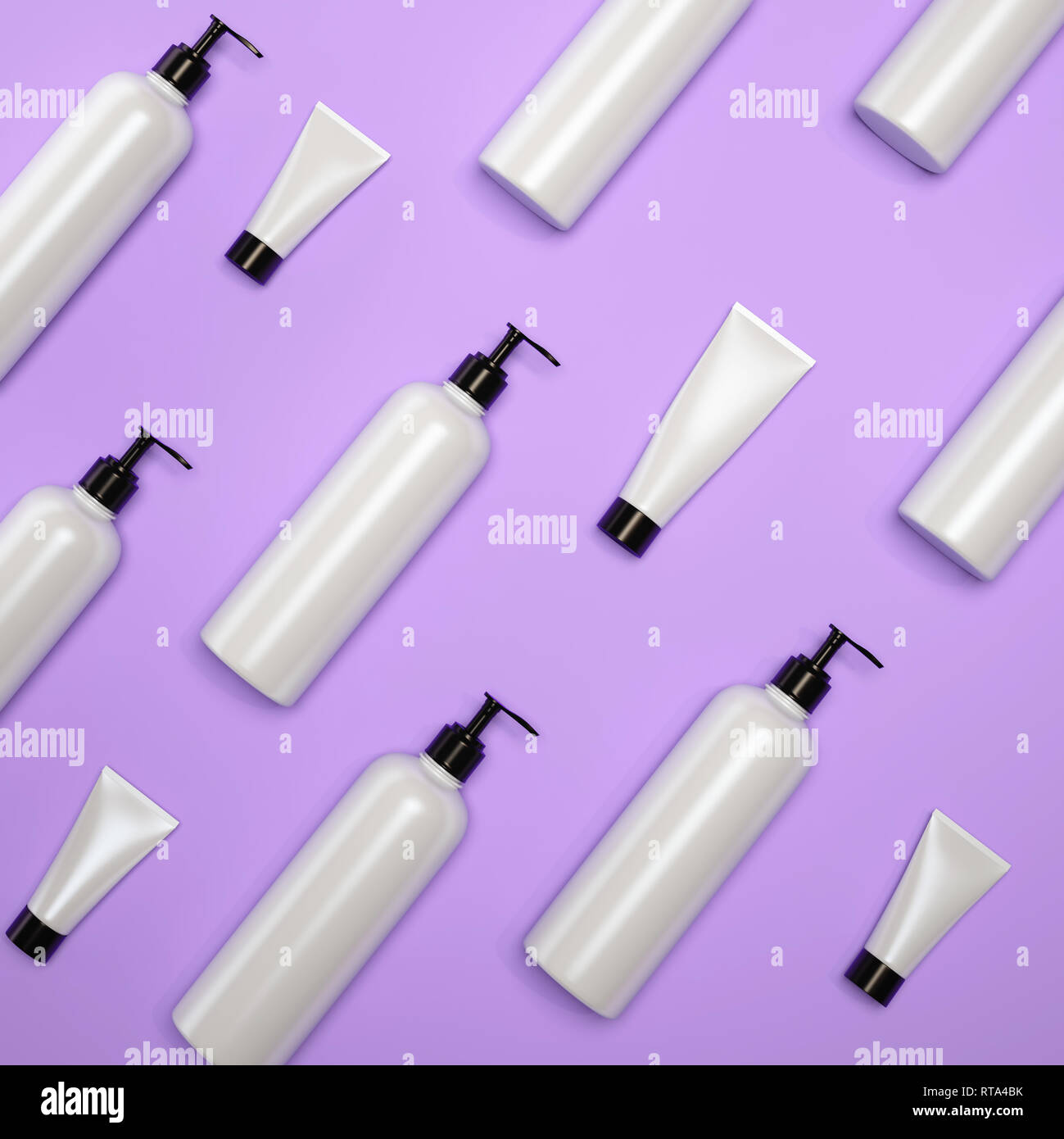 Trendy realistic mock up of cosmetics bottles and tubes. Modern bright flat lay bundle. 3d template on ultra violet background. 2018 trend Stock Photo