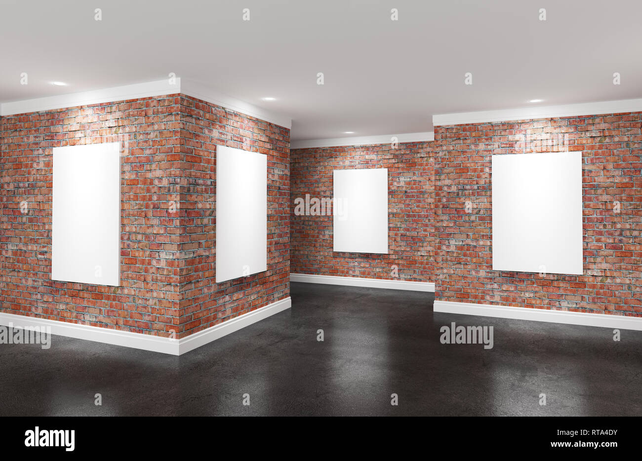 Modern gallery room with directional spotlight and poster frames
