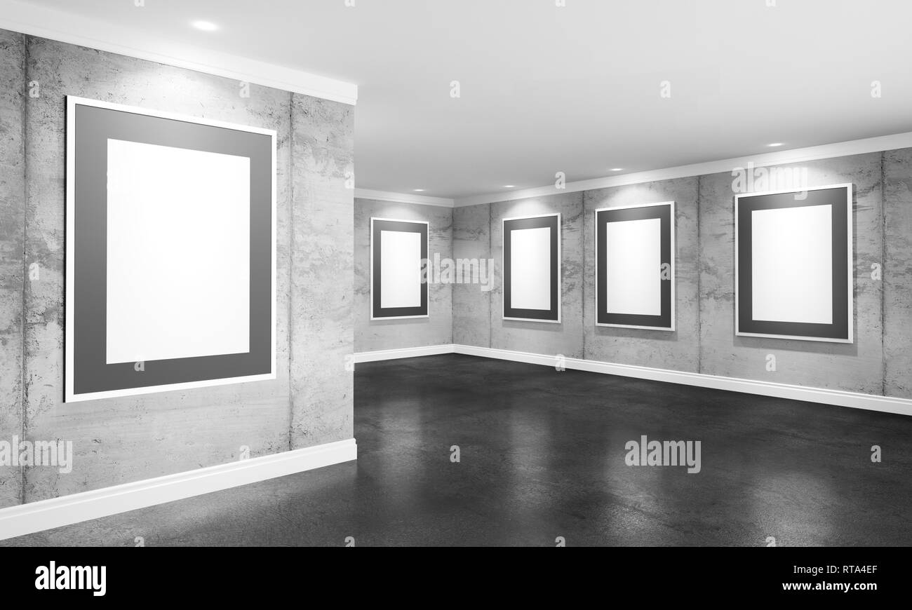 Modern concrete gallery room with directional spotlight and frames. Product artwork exhibition mock up. White art frames with black passepartout. 3d r Stock Photo