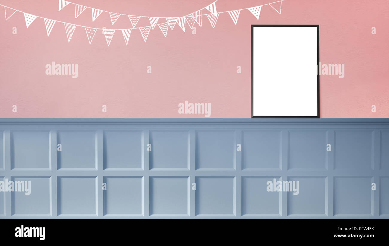 3d rendering illustration of sweet room preparing for party, baby showers, girl birthday. Nice chalk sketches of flags decoration on pink wall. Sunny  Stock Photo