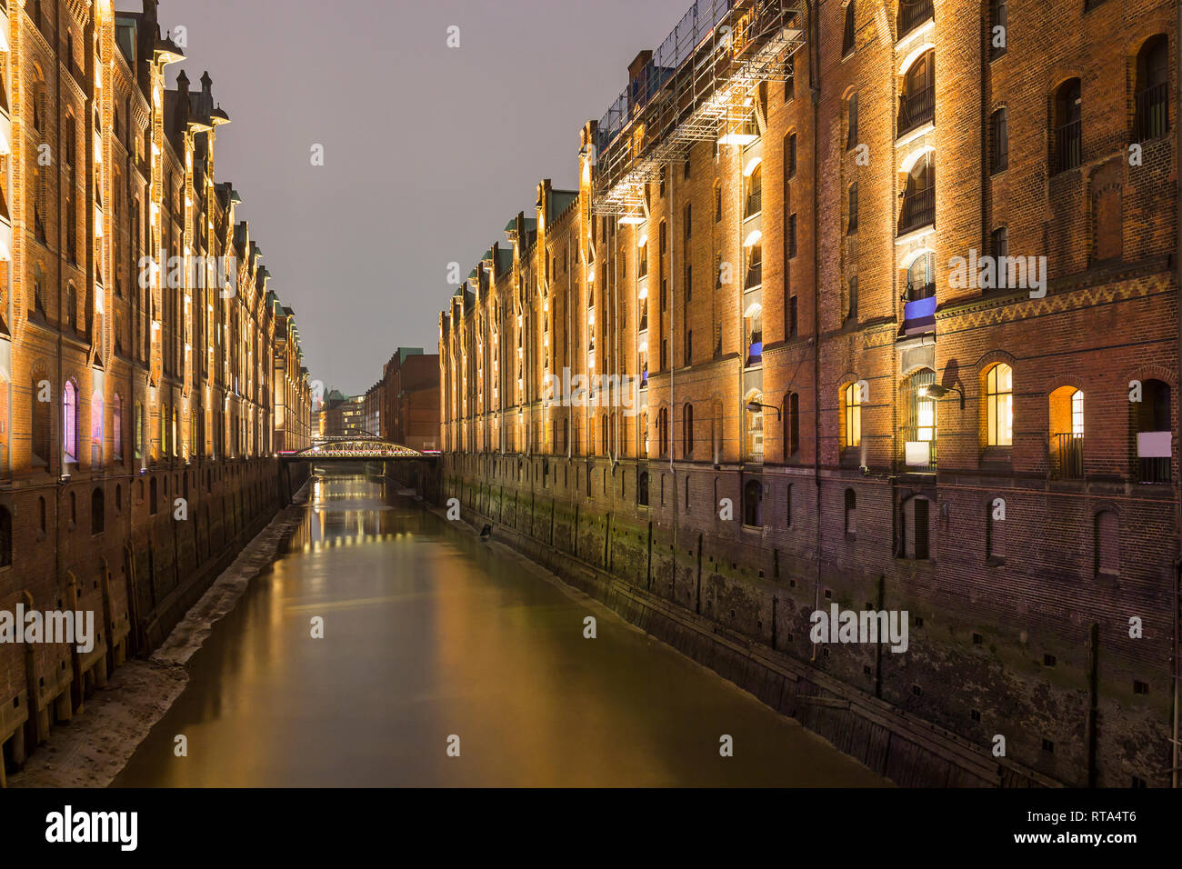 Speicherstadt, large warehouse district of Hamburg at night, Germany Stock Photo