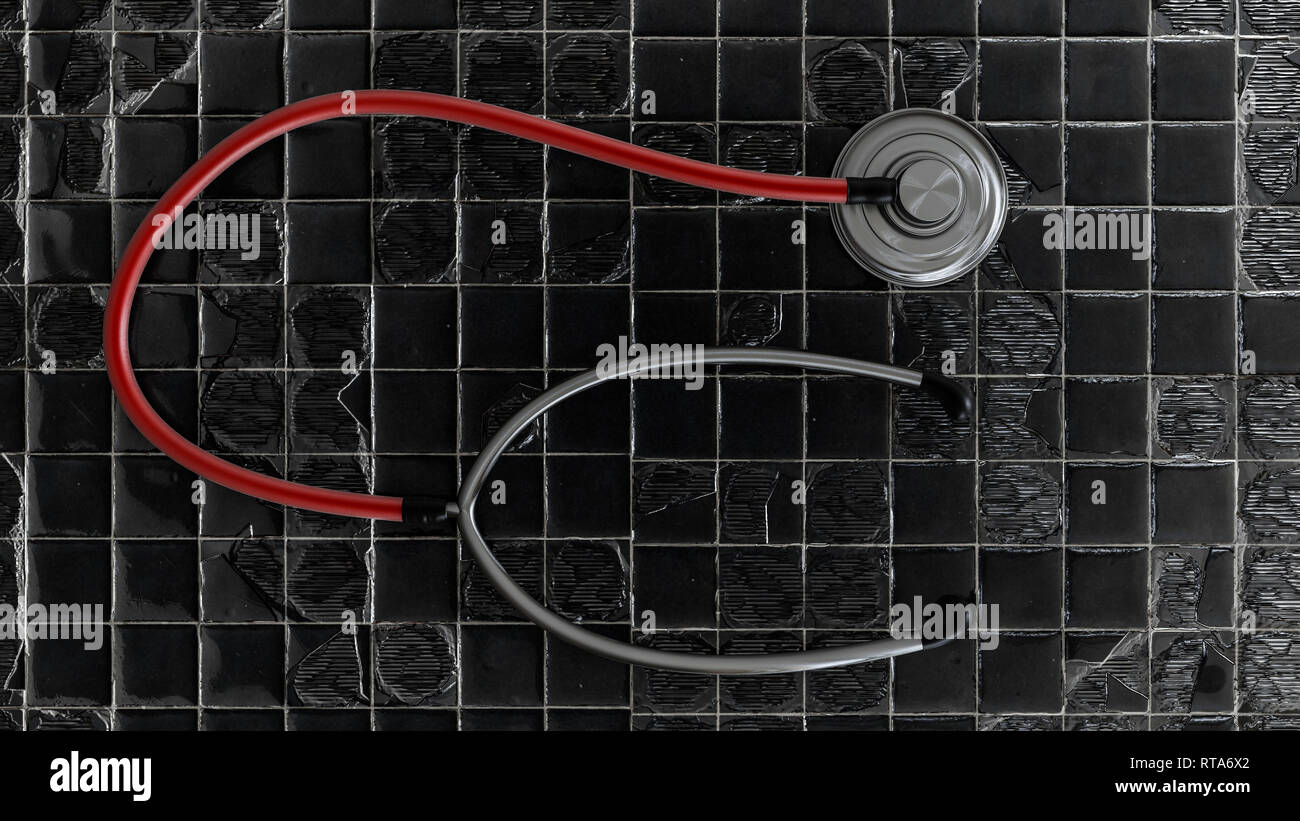 medical stethoscope on broken tile floor 3d illustration Stock Photo
