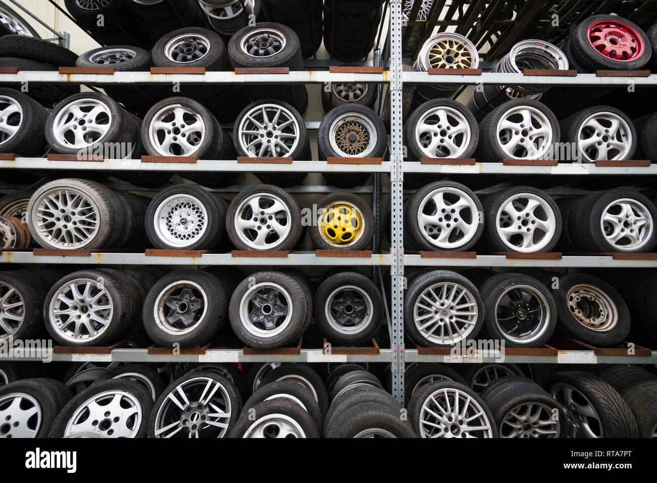 Collection of second hand wheel and tires for sale Stock Photo
