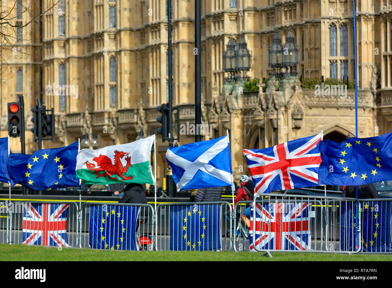 London, England, UK. British and EU flags outside Parliament as part of an anti-Brexit protest, Feb 2019 Stock Photo