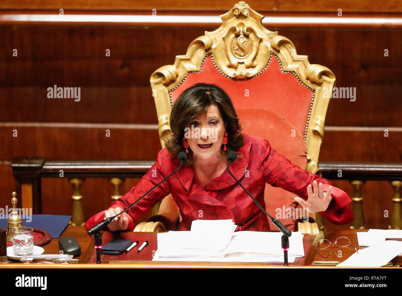 Italy, Rome, February 27, 2019 : The President of Senate Maria Elisabetta Casellati, during the Senate assembly for the Income of Citizenship law      Stock Photo