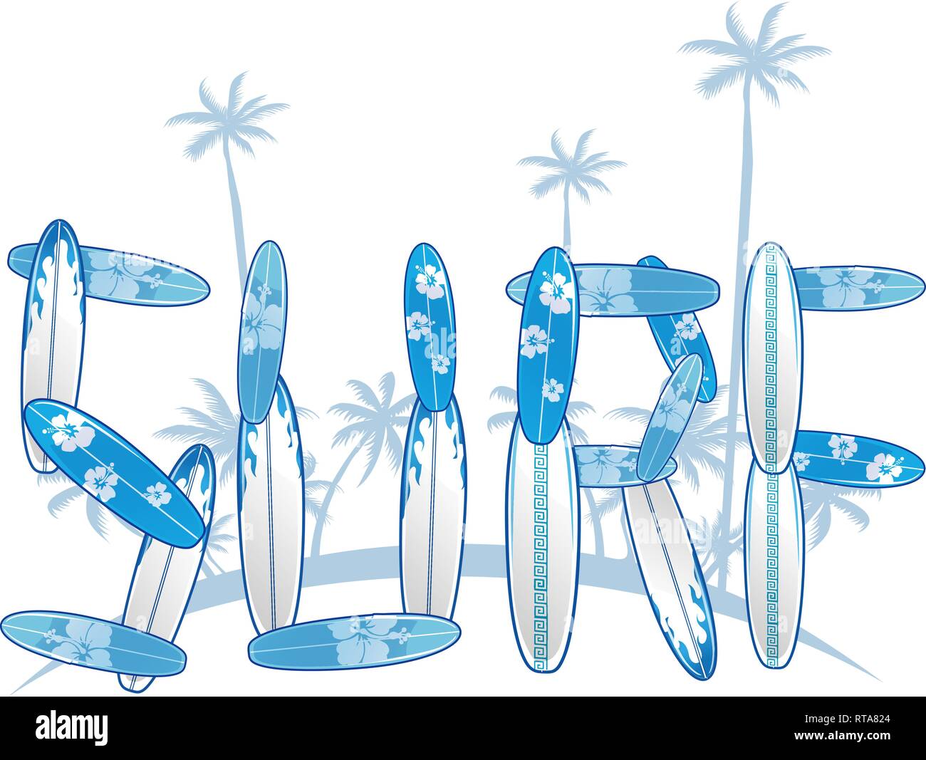 written with blue surfboards with palm tree.vector illustration Stock Vector