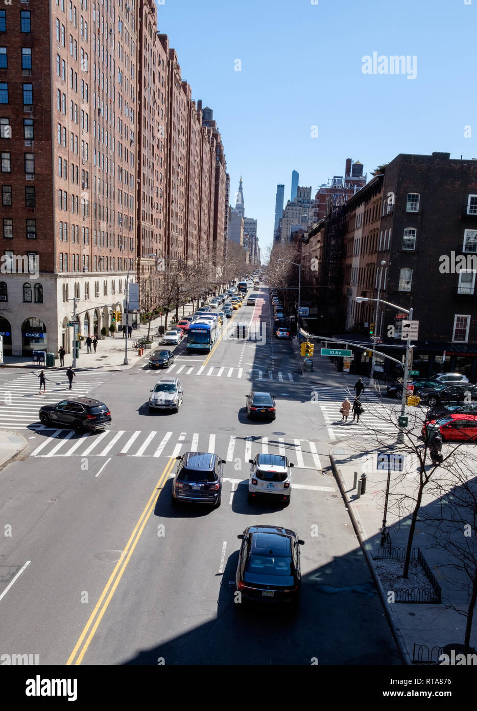 View looking north over 10th Avenue & 23rd Street, Chelsea, from High Line Park in New York City. Mar 18, 2018 Stock Photo
