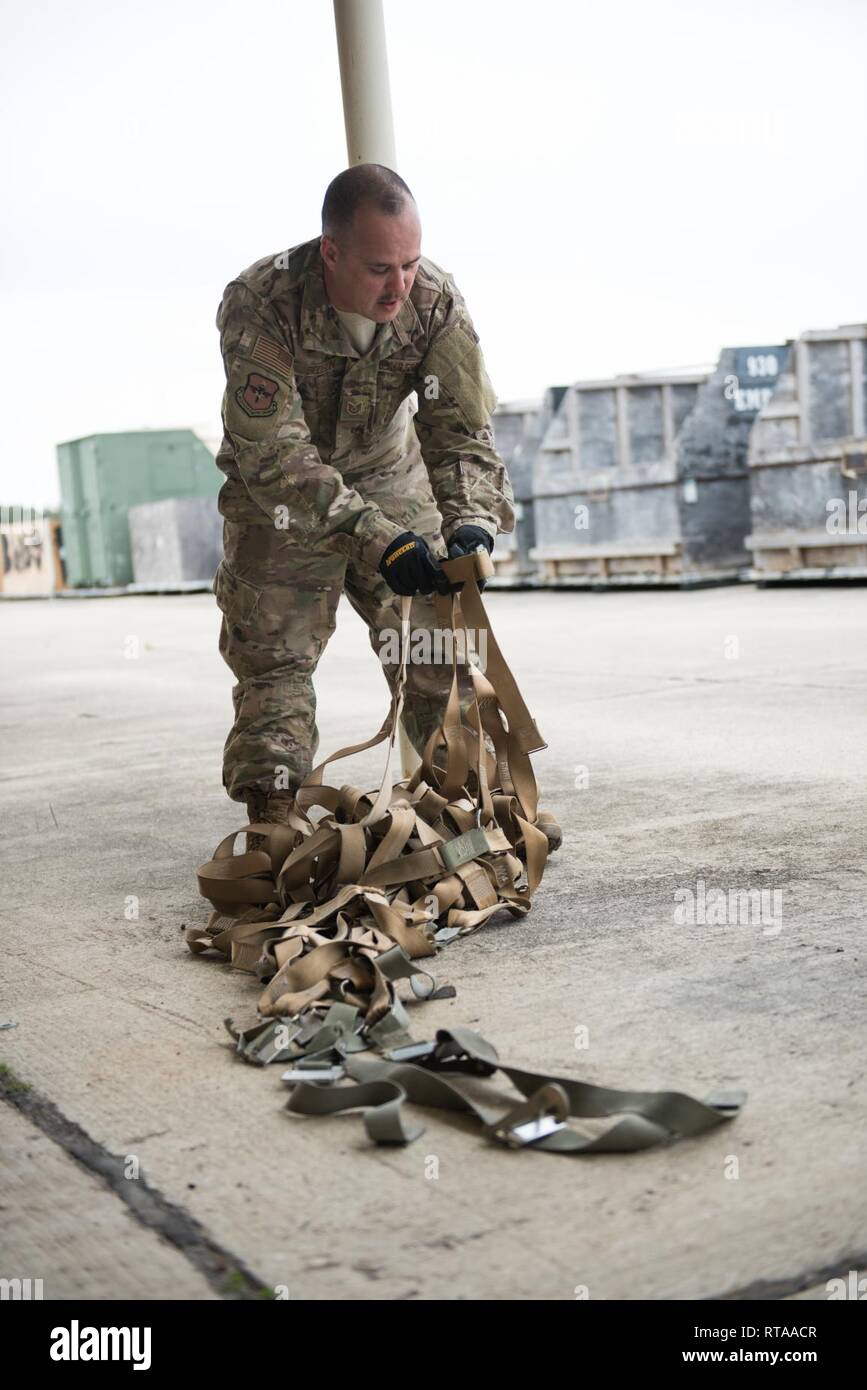 U.S. Air Force Tech. Sgt. Joseph Bedson, 502d Logistics Readiness Squadron  NCO in charge of airlift support, trains students during cargo prep pallet  build up class, Jan. 31, 2019, at Kelly Field,