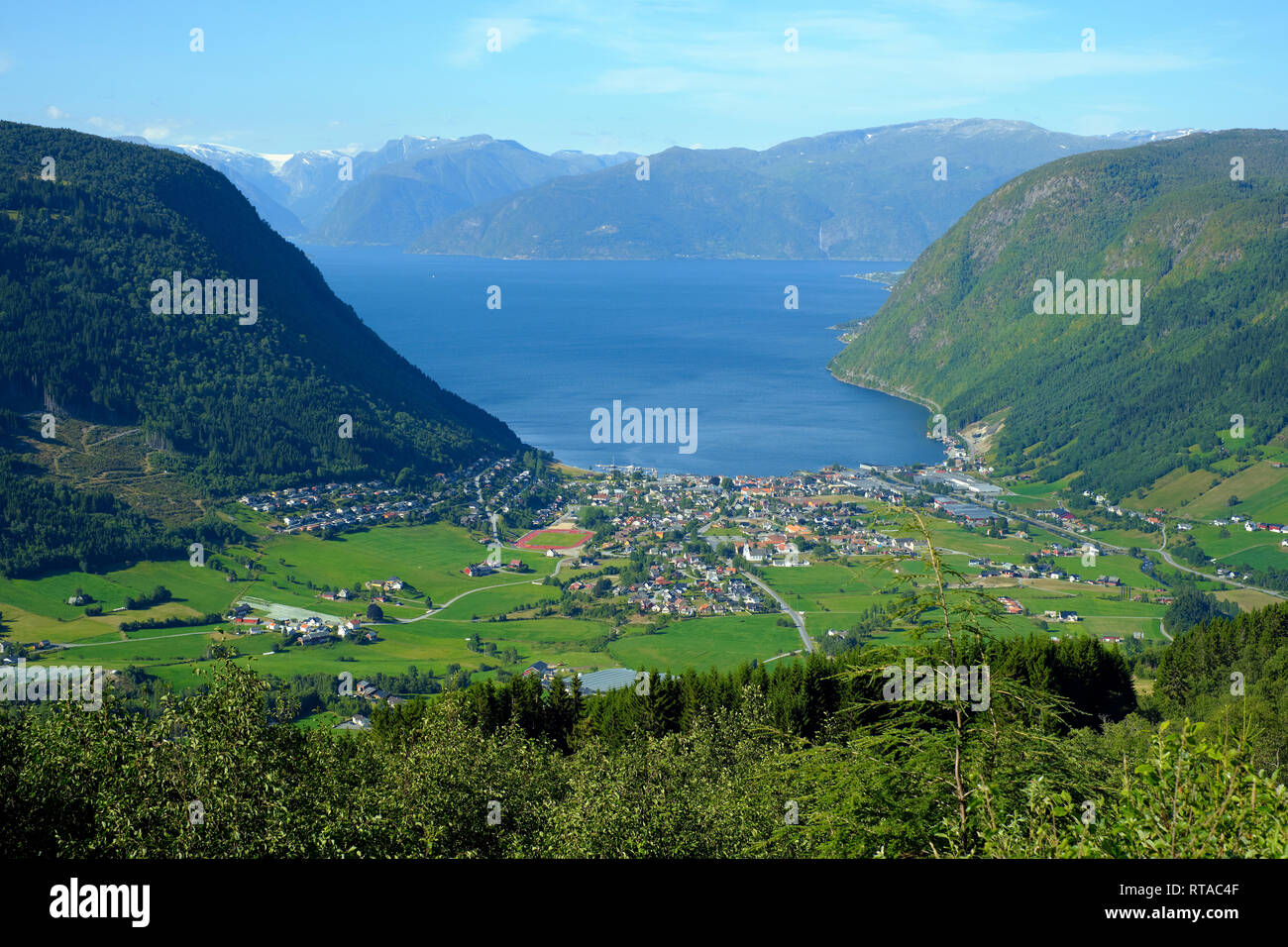Vikøyri town and Sognefjorden in the municipality of Vik in Sogn og Fjordane county, Norway Stock Photo