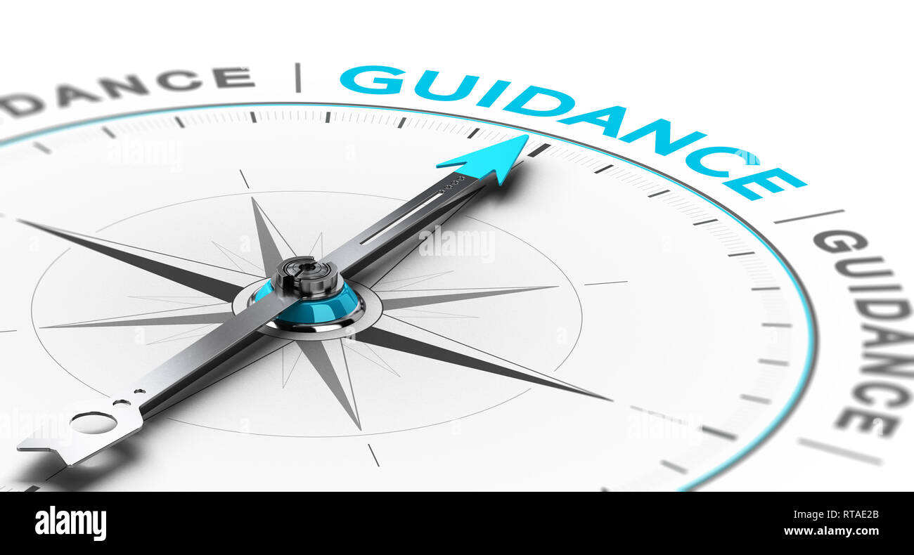 3D illustration of a conceptual compass with needle pointing the word guidance Stock Photo