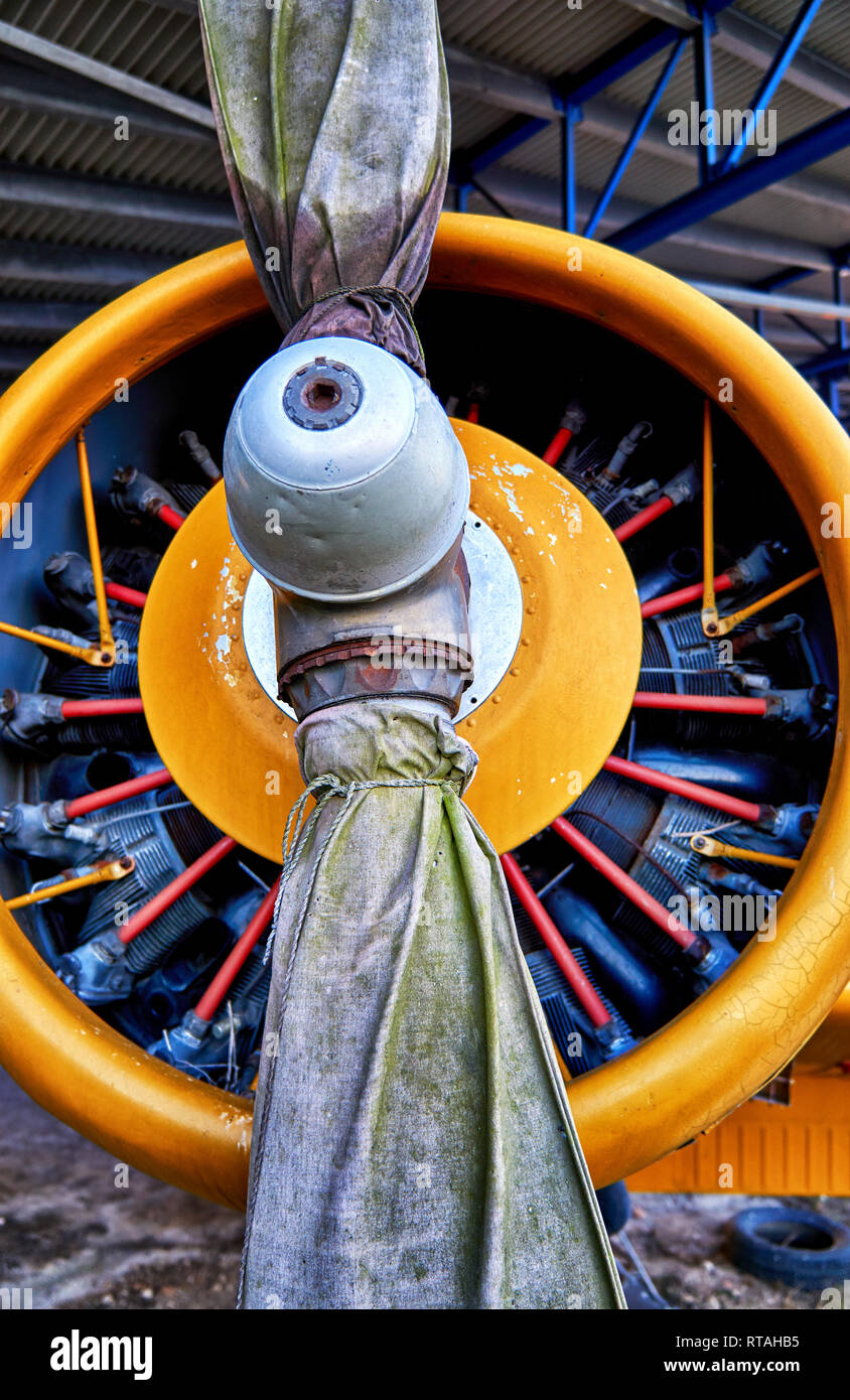 Propeller of an agricultural airplane in yellow from the GDR. Stock Photo