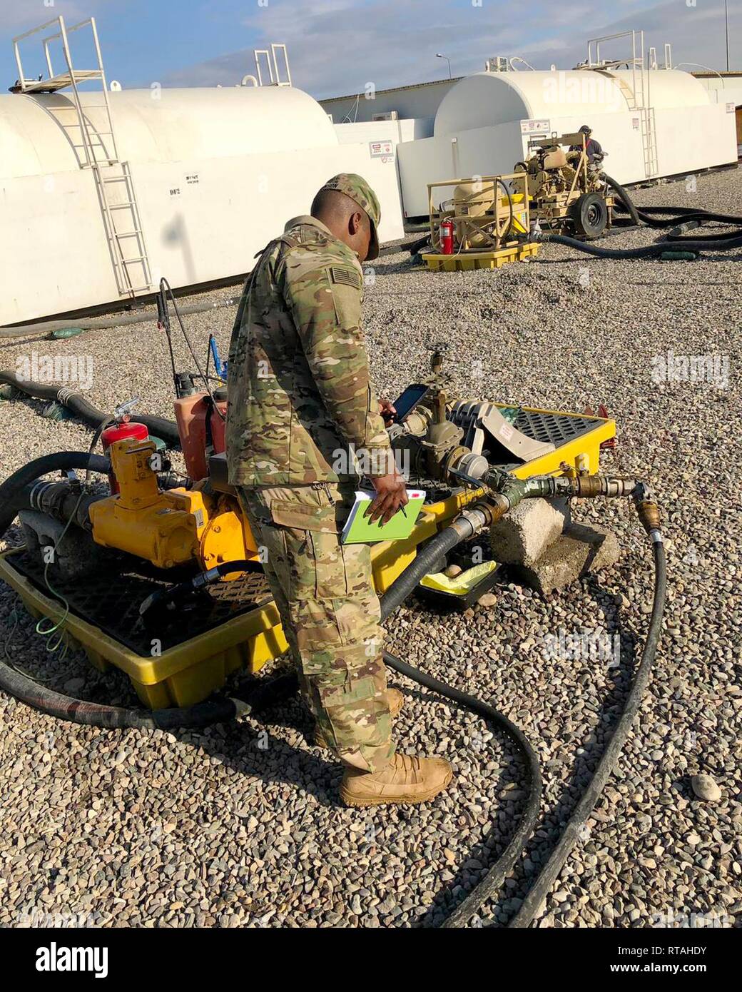 Sgt. Nolan Johnson with the 300th Sustainment Brigade performs a fuel site inspection in Erbil, Iraq, Feb.4, 2019. Stock Photo