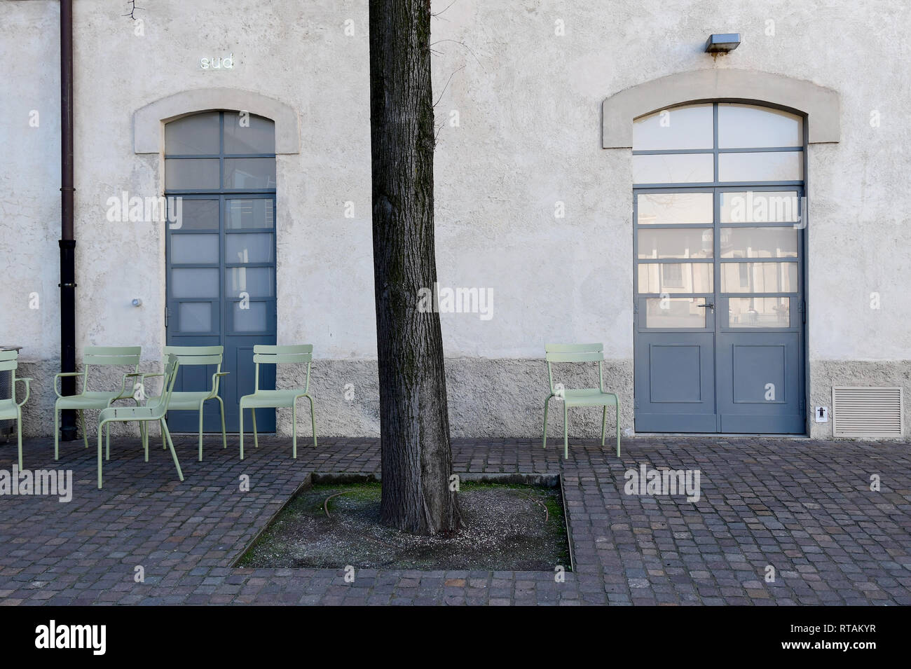 A detail of one of the courtyards of the Fondazione Prada cultural complex, Milan, Italy Stock Photo