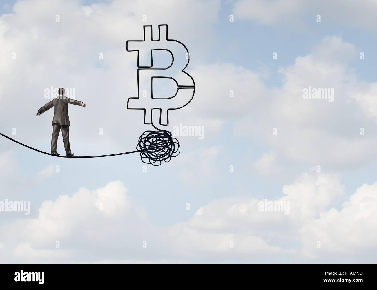 Bitcoin rise and cryptocurrency uncertainty and digital crypto currency as a financial  concept as a businessman on a tightrope. Stock Photo